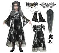 Horror Bride Costume Children, Zombie Bride Costume, Ghost Bride Dress with Bridal Veil, Eye Mask, Necklace, Halloween Costume Girls, Graveyard Bride Children's Costume for Halloween, Carnival