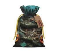 Horror Cemetery Printed Christmas Drawstring Bags Reusable Bag for Christmas Party Xmas Gift Wrapping, Yellow Ribbon, S