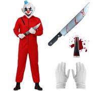 Horror Clown Costume - Red Jumpsuit, Clown Mask, Bottle of Fake Blood, White Gloves & Fake Machete with Blood - Halloween Scary Fancy Dress Outfit for Adults