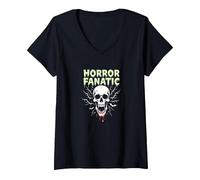 Horror Fanatic Skull Scream for Halloween Lovers V-Neck T-Shirt, Women, Black, M