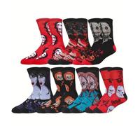 Horror Film Character Novelty Socks Crew & Trainer UK Adult Sizes Unisex Male Female Halloween Goth Gift Michael Freddy Chucky Beetle Jason (UK, Numeric, 4, 8, Regular, Regular, 7, Multicolour)