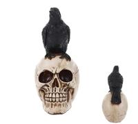Horror Gothic Style - Halloween Skull Crow Ornament, Realistic Crow Perched Skulls Statue, | Hand Painted Resin With Cracked Bone Details, Elegant Finish For Spooky, Gothics Decor, And Garden