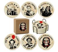 Horror Halloween Decoration for Kitchen and Home Spooky Movies Stone and Cork Coasters for Coffee Table Drinks 6 Pack Scary Killer Coaster Set with Holder Cream Gift