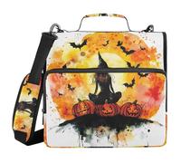 Horror Halloween Witch Black Cat Pumpkin 1.5-Inch 3-Rings School Zipper Binder with Shoulder Strap & Handle Waterproof Portable Home Travel Safe Storage Bag for School/Office