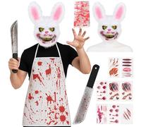 Horror Killer Bunny Halloween Costume - Killer Rabbit Costume with Scary Rabbit Mask, Bloody Apron, Fake Bloody Knife Prop, and Wound Temporary Tattoos - Scary Bunny Halloween Costumes Men