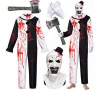 Horror Killer Clown Costume Men, Horror Clown Costume Adult, Killer Clown Costume Set, Halloween Terrifier Costume, with Black and White Jumpsuit and Horror Terrifier Hat Mask, Gloves, Axe
