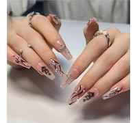 Horror Manga Tomie Press Nails Almond Gloss Black Anime Nails Reusable Halloween False Nails Suitable for Girls(AA389,L)