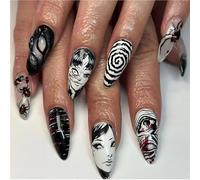 Horror Manga Tomie Press Nails Almond Gloss Black Anime Nails Reusable Halloween False Nails Suitable for Girls(A556,S)