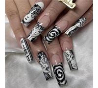 Horror Manga Tomie Press Nails Almond Gloss Black Anime Nails Reusable Halloween False Nails Suitable for Girls(A558,S)