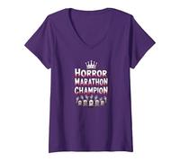 Horror Marathon Champion: Crowned Terror Movie Buff V-Neck T-Shirt, Women, Purple, S