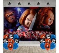Horror Movie Birthday Party Decoration,Chucky Party Photo Background 5 x 3 FT and 18 Pcs Balloon,Horror Movie Merch Party Backdrop Supplies