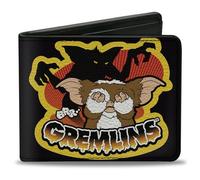 Horror Movies Wallet, Bifold, Gremlins Stripe and Gizmo Pose Black Yellow, Vegan Leather, Black, 4.0" x 3.5", Casual