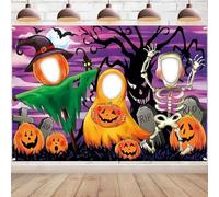 Horror Night Face in Hole Backdrop Pumpkin Head Ghosts Skeletons Spooky Night Moon Bats Tree Photo Background
