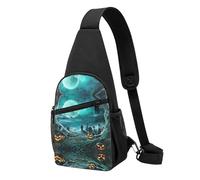 Horror Pumpkin Cemetery Casual Sling Bag Crossbody Shoulder Pack,Durable Polyester Chest Bag with Multiple Pockets and Key Holder,Adjustable Strap for Men Women