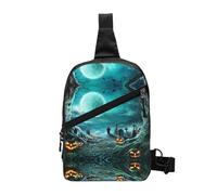 Horror Pumpkin Cemetery Foldable Sport Sling Bag,Lightweight Crossbody Chest Pack with Multiple Pockets,Water-Resistant Polyester Fabric,Compact Travel Daypack