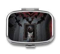 Horror Skull Theme Cat Pill Box with 2 Compartments, Portable Medicine Pill Organizer for Pocket or Purse, Decorative Metal Medicine and Vitamins Organizer