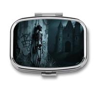 Horror Skull Travel Pill Box, 2 Compartment Organizer, Weekly Pill Case with Mirror for One Day, Medicine Organizer for Purse, Pocket or Wallet