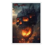 Horror Style Print on Canvas Wall Art Halloween Mysterious Burning Skull Castle Dragon Scenery Poster Painting for Living Room Home Decor 80x120cm Frameless