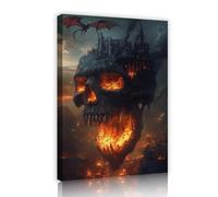 Horror Style Print on Canvas Wall Art Halloween Mysterious Burning Skull Castle Dragon Scenery Poster Painting for Living Room Home Decor 70x100cm Innerframe
