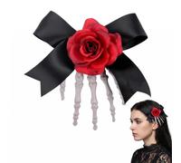 Horror Theme Hair Clip with Skeleton Hand & Rose, Gothic Skull Barrettes for Halloween Punk Event, Hair Accessory (Red)