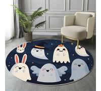 Horror Theme Rugs Round Ø Living Room Cartoon Ghost Design Non-Slip Area Rug Round Machine Washable Floor Carpet Short Pile Soft Circle Rug For Bedroom Nursery, Dark Blue