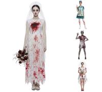 Horror Zombie Ghost Costume Womens Blood Splatter Fancy Dress Bride Nurse Cosplay Outfit Lightweight Halloween Dress for Stage Show Village Halloween Gatherings (White-3, M)