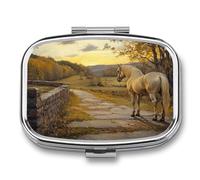 Horse an Ancient Stone Road Countryside Pill Box 2 Compartment Portable Medicine Pill Case Travel Pill Organizer for Pocket Purse