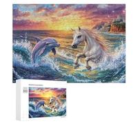 Horse And Dolphin at Sunset Ocean 300 Piece Jigsaw Puzzle for Teens 14+ Indoor Educational Game Reasoning Practice Gift for Study 300 PCS