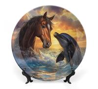Horse and Dolphin Trendy Bone China Decorative Plate with Display Stand Ceramic Decor Plate Art Crafts 10inch