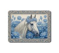 Horse and Water Lily Dish Drying Mats for Kitchen Counter, Blue Floral Absorbent Rubber Dish Drainer Mat, Spring Nature Pu Leather Drying Pad Protector 18x24 Inch