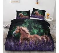 Horse Animal Duvet Cover Sets Bedding Set Single Size - 135x200cm Purple Lavender Garden Horse Super Soft Luxury Anti Allergic Duvet Set, Easy Care and Breathable Microfiber Covers With 2 Pillowcase