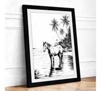 Horse at Water's Edge Coastal Framed Wall Art Print A4 (29.7×21cm) Black,