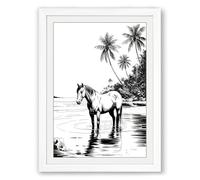 Horse at Water's Edge Coastal Framed Wall Art Print A4 (29.7×21cm) White, Wall Decor for Living Room, Bedroom, Office & Home, Ready to Hang, Art Gift
