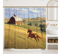 Horse Barn Shower Curtain, Rustic Brown Horse Landscape Bathroom Set Decor, Autumn Country Farmhouse Waterproof Fabric Shower Curtain with Hooks 72x72 Inch