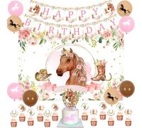 Horse Birthday Party Decorations Kit for Girls - Horse Themes Banner & Photo Backdrop, Horse Cake Cupcake toppers, Racing Horse Balloons, Horse Western Cowgirl Happy Birthday Party Supplies