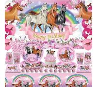 Horse Birthday Party Decorations - Pink Horse-Themed Happy Birthday Backdrop, Paper Plates Napkins Cups Balloons Cake Cupcake Topper Tablecloth for Cute Horse Party Supplies, Serves 20