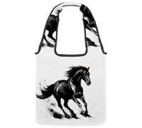 Horse Black Reversible Canvas Shoulder Tote - Double-Sided Print, 12oz Cotton, 27cm Drop, Fold-Flat Bag for Travel, Shopping, Street Outings