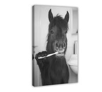 Horse Brushing Teeth, Funny Bathroom Wall Art, Cute Laundry Room Decor, Animals in Bathroom, Retro Horse Humor Print, Ai Art-1