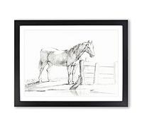 Horse By The Gate By Jean Bernard Vintage Framed Print | A2 Black Framed Wall Art | Ready to Hang | Classic Animal Picture | Living Room Bedroom Lounge Office