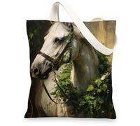 Horse Canvas Tote Bags, Artistic Horse Design Reusable Grocery Bags, Vintage Nature Lightweight Washable Shoulder Strap Can, White, 13x15 Inch