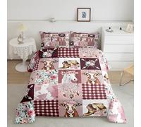 Horse Cow Comforter Set King Size 3 Pcs,Watercolor Pink Rose Boho Dreamcatcher Bedding Set for Kids Teens Adults,Retro Grid Wild Animals Rustic Style Down Comforter with 2 Pillowcases