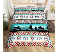 Horse Decor Western Bedding Sets Double,Farm Animals Duvet Cover Indian Tribal Aztec Comforter Cover,Exotic Dream Catcher Feather Bed Set Farmhouse Western Home Decor,Teal