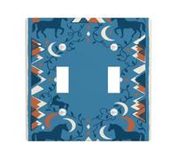 Horse Double Light Switch Cover Plate, Bohemian Rustic Mountain Moon Summer Blue Plastic Standard Size Decorative Wall Plates for New Apartment Home Bedroom Office Decor