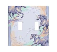 Horse Double Light Switch Cover Plate, Dynamic Fanciful Swirl Grass None Blue Plastic Standard Size Decorative Wall Plates for New Apartment Home Bedroom Office Decor