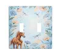 Horse Double Light Switch Cover Plate, Nature Floral Flowers Dragonflies Spring Blue Plastic Standard Size Switch Plate Decorative for Living Room Bedroom Home Office Decor