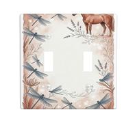 Horse Double Light Switch Cover Plate, Nature Rustic Dragonfly Lavender Spring Brown Plastic Standard Size Switch Plate Decorative for Home Living Room Bedroom Bathroom Decor