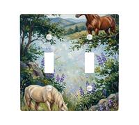Horse Double Light Switch Cover Plate, Nature Rustic Lavender Tree Spring Green Plastic Standard Size Wall Switch Plates Accents for Living Room Bedroom Home Office Decor