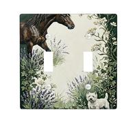 Horse Double Light Switch Cover Plate, Rustic Nature Dog Lavender Summer Green Plastic Standard Size Wall Switch Plates Accents for Living Room Bedroom Home Office Decor