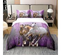 Horse Double Zipper Bedding 100% Cotton Set for Boys,Cherry Blossom Branches Steed Lavender Purple 100% Cotton Duvet Cover Galloping Horse Wild Animal Decor Quilt Cover Bedroom Collection 3Pcs