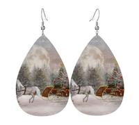 Horse-drawn cart loaded with Christmas trees Printed Teardrop Pendant Leather Earrings | Lightweight and Versatile Earrings | Suitable for Daily Commute and Date Wear